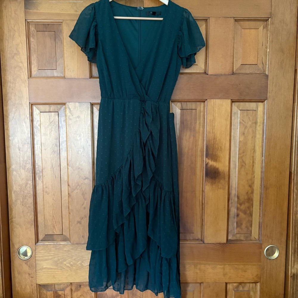 Lulus Have Harmony Dark Green Swiss Dot Ruffled Faux Wrap Midi Dress XS